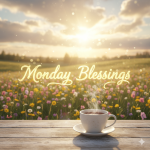 "A soft and uplifting Monday morning scene with golden sunlight shining through the clouds, a peaceful nature background with green fields and blooming flowers, a calm cup of coffee or tea on a wooden table, and glowing text that says ‘Monday Blessings’. The overall vibe should be positive, spiritual, and joyful with warm pastel colors, a heavenly light effect, and a feeling of encouragement, peace, and fresh new beginnings."