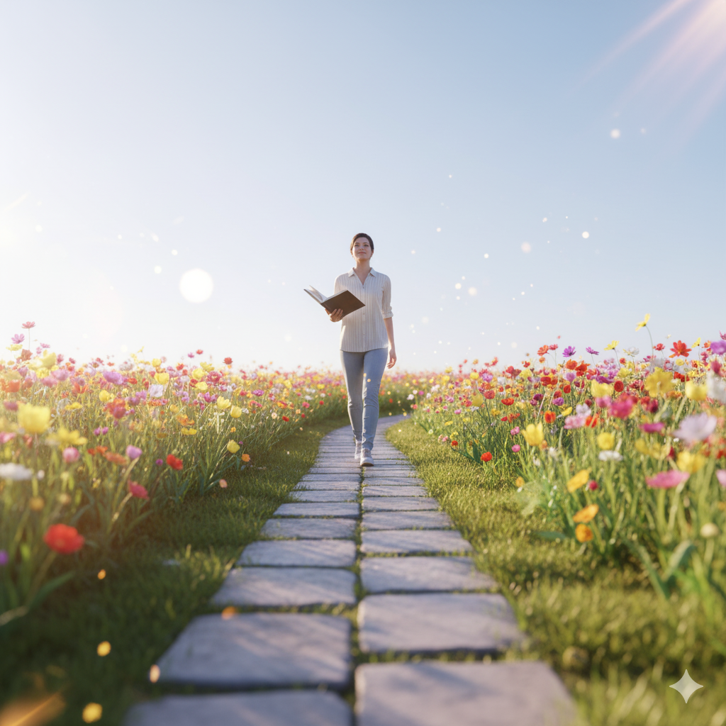 A calm and inspiring scene of a peaceful pathway leading through green fields and blooming flowers under a soft blue sky, symbolizing preparation for a new week. Gentle sunlight shines warmly, creating a hopeful and blessed atmosphere. A person is walking calmly on the path with a sense of peace and positivity, holding a notebook or planner, representing readiness for a fruitful and blessed week ahead.