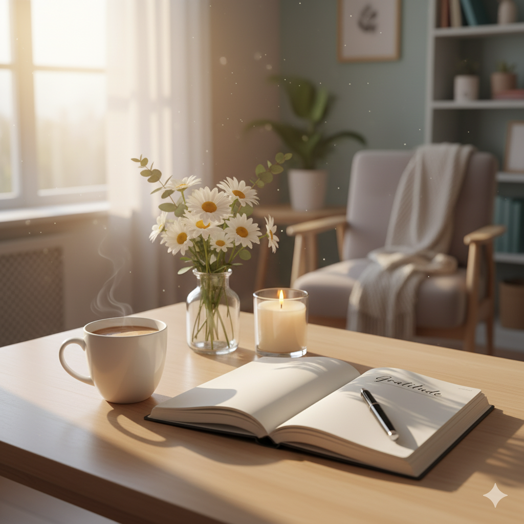 A cozy and uplifting Monday morning scene with warm sunlight shining through a window. A cup of coffee or tea placed beside an open journal or planner on a wooden table, with fresh flowers and a glowing candle nearby. The background shows a calm and tidy room with a sense of peace and positivity. The atmosphere should reflect morning rituals, gratitude, and the beauty of starting the week with blessings and good energy