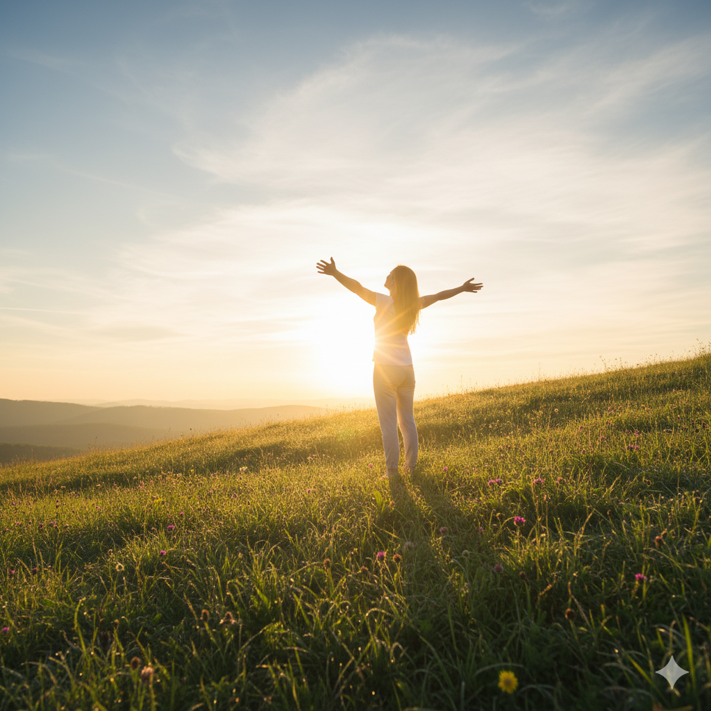 A bright and peaceful Monday sunrise with golden light spreading across the sky, symbolizing gratitude and positivity. A person standing with open arms on a hilltop, facing the sunlight with a calm smile, surrounded by green nature and soft glowing light. The atmosphere should feel fresh, motivating, and hopeful — perfect for starting the week with positive energy and thankfulness.