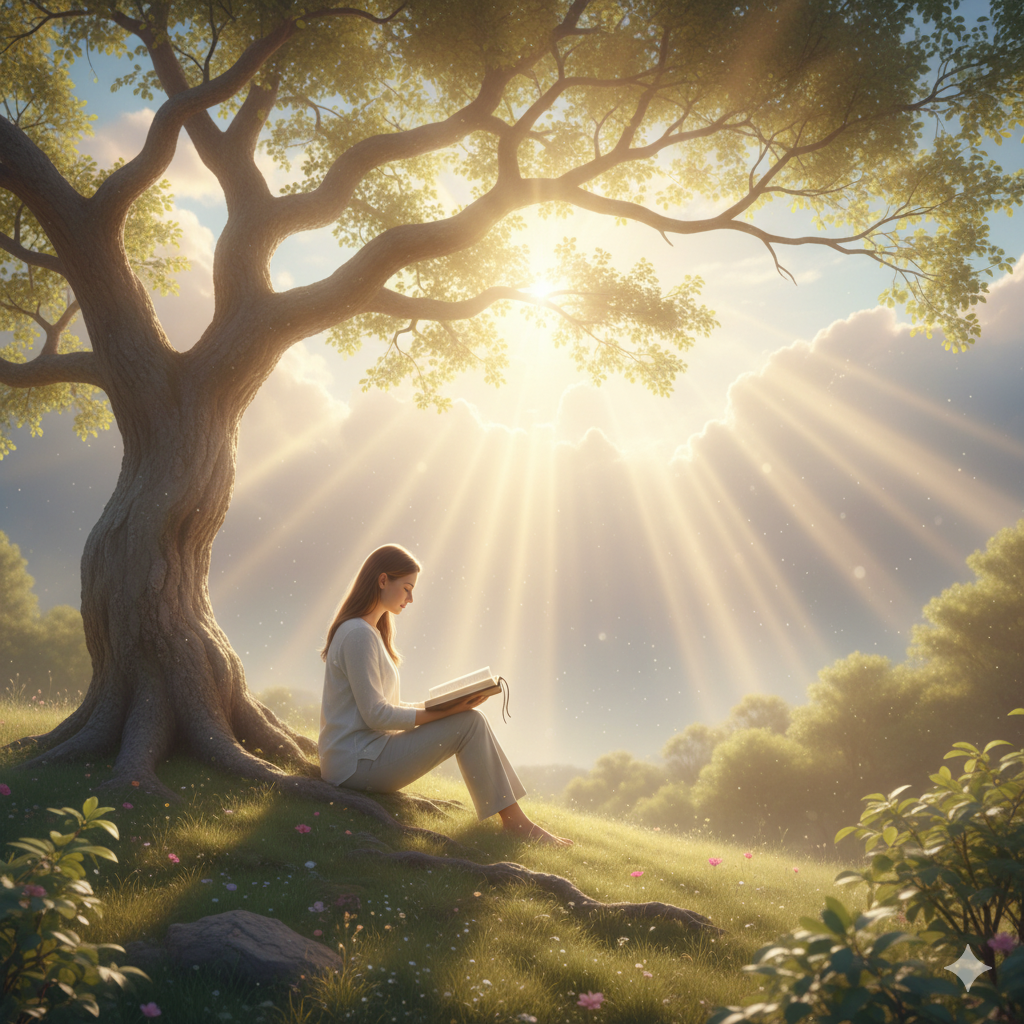 A serene and spiritual scene of a peaceful Monday morning with soft golden light. A person is sitting in calm reflection or prayer under a tree, with an open book symbolizing faith. In the background, glowing rays of sunlight break through the clouds, creating a heavenly and uplifting atmosphere. The image should convey inner peace, spiritual connection, and a fresh start to the week filled with faith and hope.