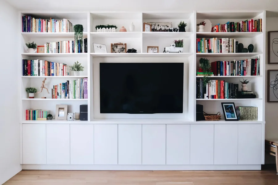 entertainment center with bookshelves